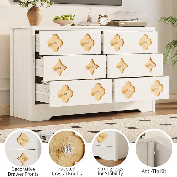 Garvee Dresser for Bedroom with 6 Drawers, 47.2'' Wide Chest of Large Decorative Drawer Front with Large Clothes Storage Cabinet, Wood Bedroom Dresser, TV Stand for Nursery, Living Room, White