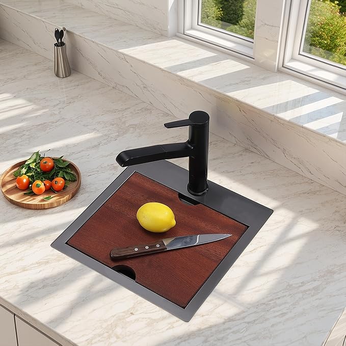 VCCUCINE Gunmetal Black Bar Sink Drop in, 15x15 Inch Topmount RV Small Kitchen Sink, 16 Gauge Stainless Steel Wet Bar Sink, Top Mount Outdoor Single Bowl Prep Sink with Cutting Board & Strainer
