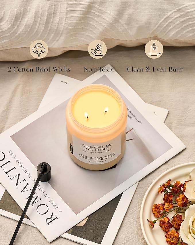M&SENSE Gardenia Jasmine Scented Candle, 110 Hours Slow Burning Clean Non Toxic 19.4oz 2 Wicks Aromatherapy Candle for Housewarming Gifts, Long Lasting Fragrance for Bath & Office