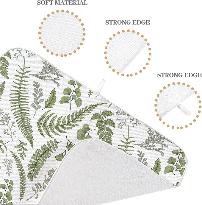 Sage Green Herb Leaves Dish Drying Mat 18 x 24 Inch Vintage Sage Green Leaf Plant Drying Mat for Kitchen Counter Absorbent Spring Summer Botanical Dishes Dry Pad for Drainer Rack Kitchen Fast Dry