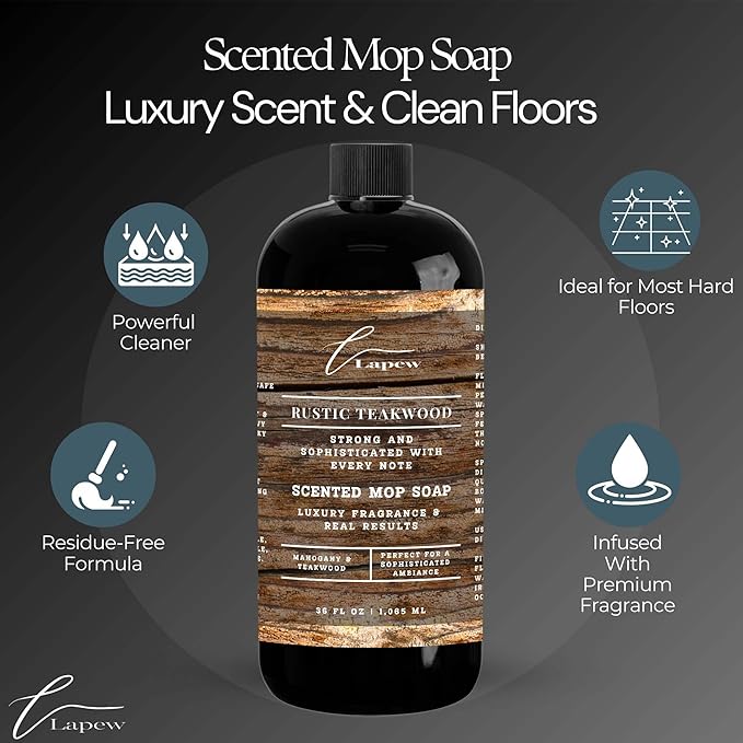 Lapew Rustic Teakwood Scented Mop Soap Concentrate 36 oz | Premium Fragranced Floor Cleaner | Streak-Free | Hard Floor Cleaning Solution | Eco Friendly | Made in USA