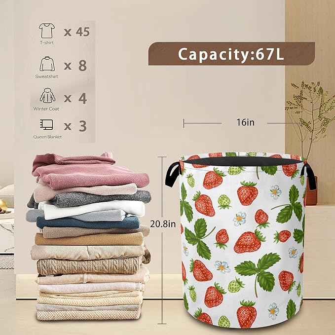 Strawberry Laundry Hamper,Collapsible Laundry Baskets,Flowers Leaf Dirty Clothes Baskets with Handles,Oxford Cloth Hamper for Bedroom,Bathroom,College Dorms, 16"x20"