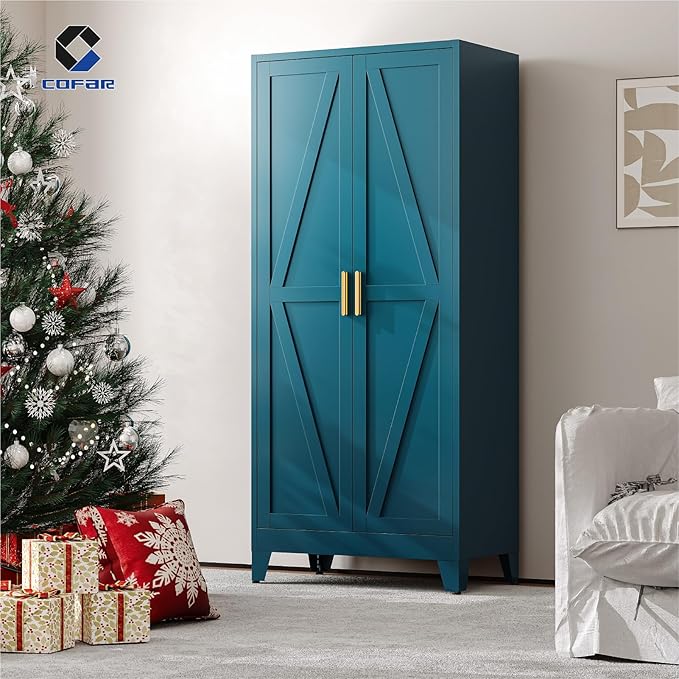 COFaR Metal Wardrobe Closet with Doors, 71'' Tall Steel Bedroom Armoire with Adjustable Hanging Rod and Shelves, Broom Closet Storage Cabinet for Garage Laundry Office, Farmhouse Peacock Blue
