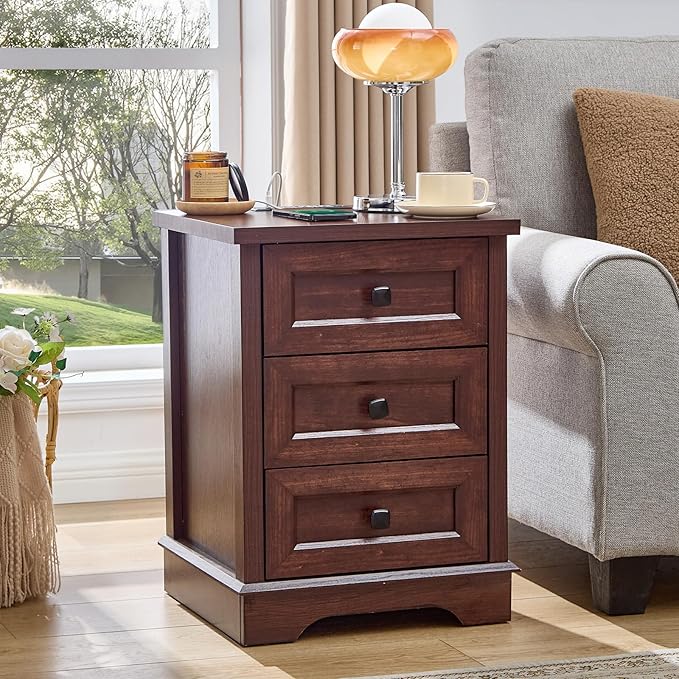 LIDYUK 3-Drawer Cherry Wood Dresser for Bedroom Farmhouse Dresser Chest of Drawers, 25" Tall Nightstand with Charging Station Chest of Drawers for Bedroom, Living Room