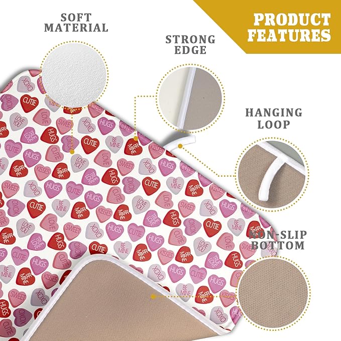 Valentine’s Day Dish Drying Mat for Kitchen Counter 18x16 Inch Pink Love Drying Mat with Absorbent Reversible Microfiber Holiday Dish Drainer Mats Rack Pad for Coffee Countertop Protector