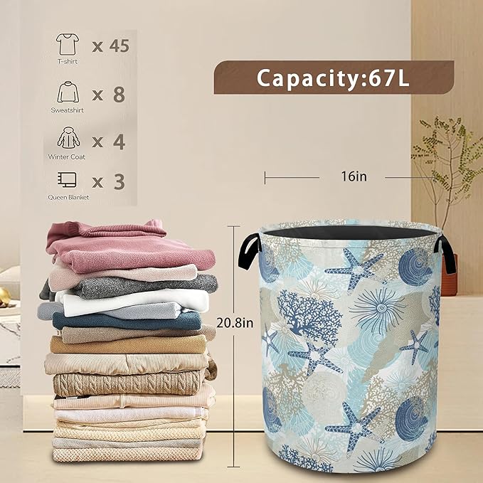 Large Laundry Basket,Corals Seashells Collapsible Laundry Baskets,Cute Algae Waterproof Oxford Hamper with Handles for Bathroom Bedroom Nursery Home Storage 16"x20"