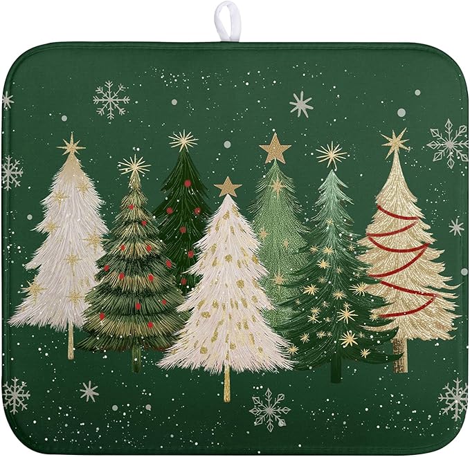 Wnoesat Green Christmas Tree Snowflakes Dish Drying Mat for Kitchen Counter 16x18 Inch Winter Xmas Holiday Dish Rack Mat Absorbent Microfiber Dish Draining Mat Reversible Drainer Pad