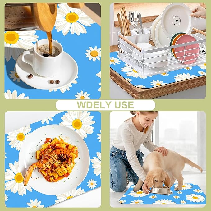 Kitchen Mat White Daisy Flowers Dish Drying Mat 12"x19" Bsorbent Coffee Maker Mat for Sink Dishes or Under Rack Kitchen Counter Accessories Absorbent Hide Stain Rubber Backed Dish Drying Pad