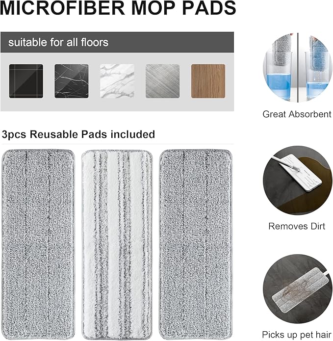 BOSHENG Mop and Bucket with Wringer Set, Flat Floor Mop and Bucket, with 3 Microfiber Mops for Floor Cleaning, Wet and Dry Use for Household Cleaning - White