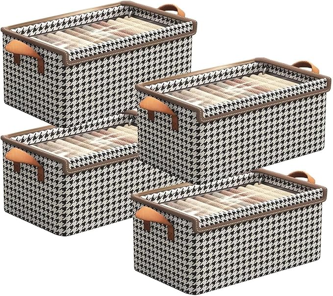4PCS Foldable Storage Box with Lid - Extra Large Fabric Closet Organizer for Clothes, 18.5x11x7.9 Inch Canvas Bin, Collapsible Design for Bedroom, Shelf, Closet, Underbed (Black & White)