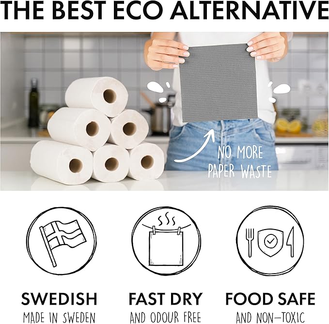 SUPERSCANDI 6 Pack Swedish Dishcloths for Kitchen - 100% Biodegradable & Compostable Reusable Paper Towels Washable, Food-Safe & Without Plastic - Dish Rags Suitable for Any Surface, Grey
