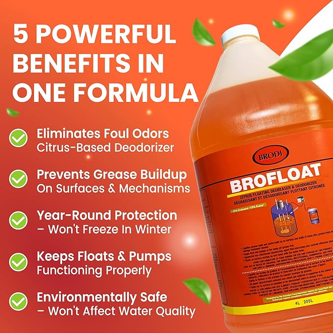 Brodi BroFloat Sump Pit Deodorizer & Degreaser, Industrial-Strength, Floating Protective Layer, Stops Odors & Dissolves Grease, Freeze-Proof, Concrete & Steel Safe, Pack of 1