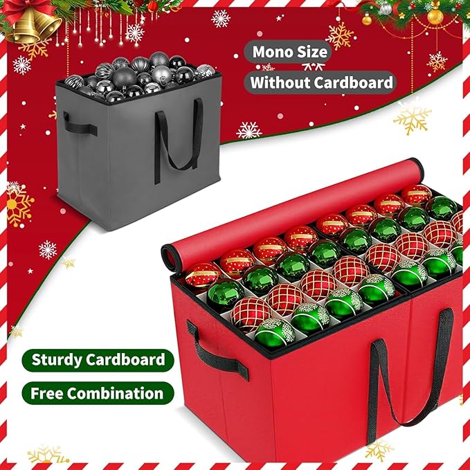 Christmas Ornament Storage Box - Large & Sturdy Christmas Storage Container with Adjustable Dividers, 8 Individual Trays and Handles, Holds up to 128 Holiday Decorations (Red)