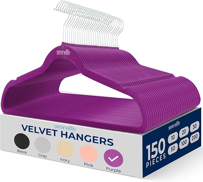 SereneLife 150 Pack Velvet Hangers - Non-Slip with 360° Swivel Hook - Ultra-Thin, Lightweight, Space-Saving, Felt Hangers for Shirts, Sweaters, Hoodies, Kids Clothes & Dresses