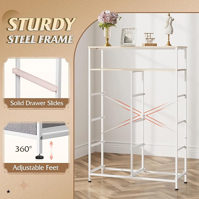 WLIVE Fabric Dresser for Bedroom with Open Shelves, Tall Dresser with 8 Drawers, Storage Tower with Fabric Bins, Chest of Drawers for Closet, Living Room, Hallway, Light Gray