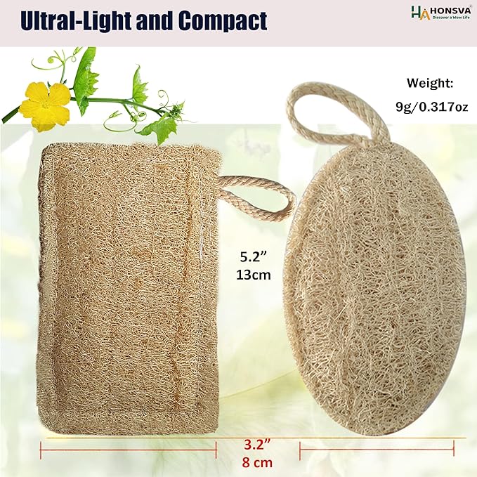 HONSVA Loofah Natural Kitchen Sponge (5 Pcs), No Scratch Scrubber for Dish Cleaning, 100% Plant Based Vegetable Scrubber, Zero Waste and Eco Friendly Sponge for Kitchen (3 Pcs Oval+2 Pcs Rectangular)