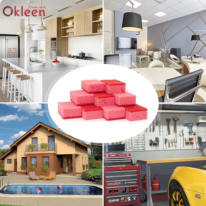 Okleen Pink Multi Use Scrub Sponges. Made in Europe. 18 Pack, 4.3x2.8x1.4 inches. Odorless Heavy Duty & Non Scratch Fiber. Durable and Delicate Scrubber for Kitchen & Bathroom, Housekeeping & Outdoors