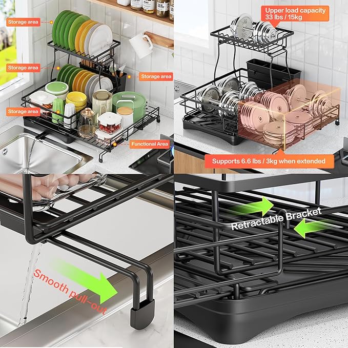 Expandable Dish Drying Rack–Adjustable Single or 2 Tier Dish Rack System,Double Dish Drainer,Large Capacity,2-in-1 Anti-Rust Stainless Steel Dish Rack for Kitchen Counter and Sink (2 Tier Expandable)