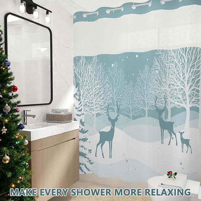 No Hook Reindeer Christmas Shower Curtain with Snap in Liner, Waterproof Winter Shower Curtain with Sheer Top Window, Snowy Forest Holiday Shower Curtains for Bathroom, 71x74 Inches