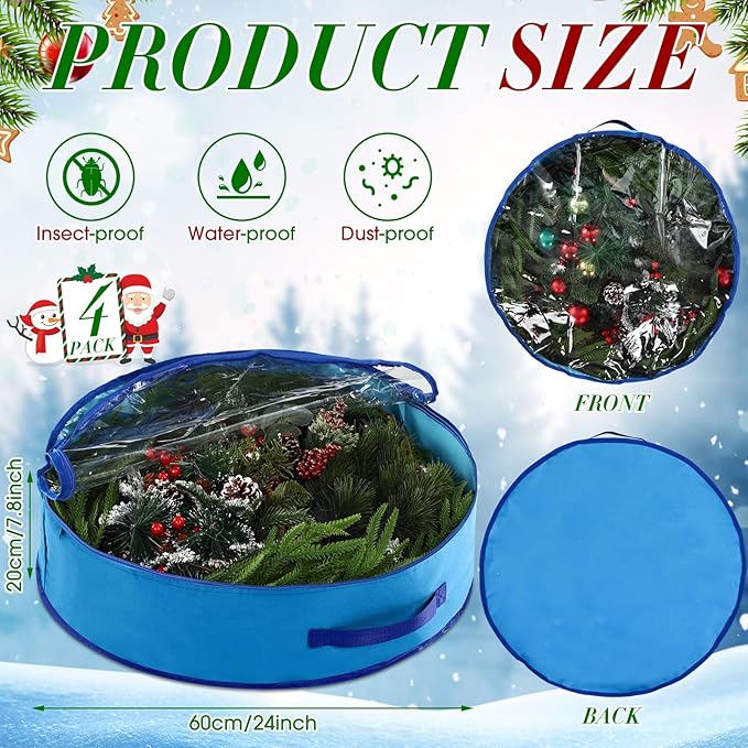 4 Pack Wreath Storage Container, 24 Inch Christmas Wreath Storage Box with Clear Window and Handles Upgrade Oxford Cloth Garland Bags with Dual Zipper for Xmas Wrapping, Blue