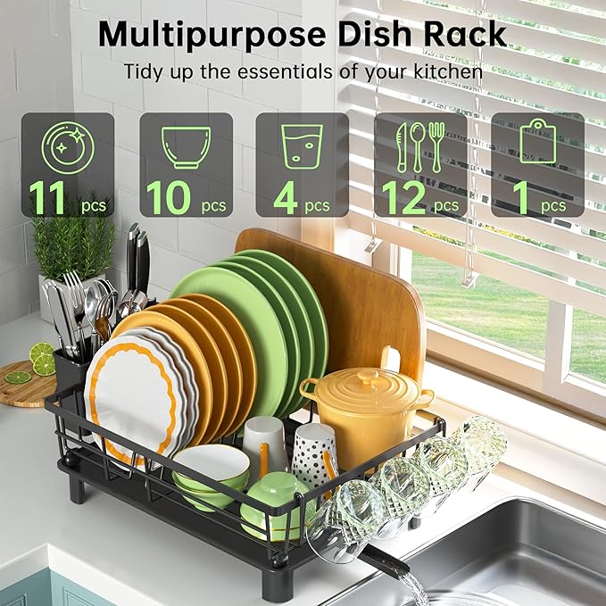 IMXSUMDA Dish Drying Rack, Dish Racks for Kitchen Counter, Detachable Dish Drainer with Drainboard, Utensil Holder, Cup Holder, Space Saving Kitchen Drying Rack for Small Home and Appartment, Black
