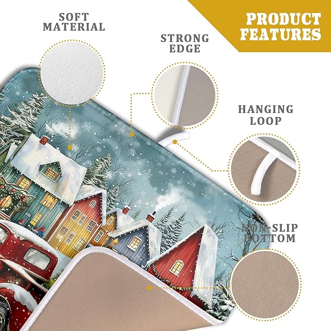 Christmas Dish Drying Mat for Kitchen Counter 18x16 Inch Xmas Red Truck Drying Mat with Absorbent Reversible Microfiber House Snowman Winter Dish Drainer Mats Rack Pad for Coffee Countertop Protector