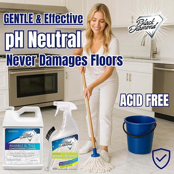 Black Diamond Stoneworks Marble & Tile Cleaner Gallon + Ultimate Grout Cleaner with Brush Quart (2-Pack) – Safe for Natural Stone, Deep Grout and Tile Cleaning to Restores Shine