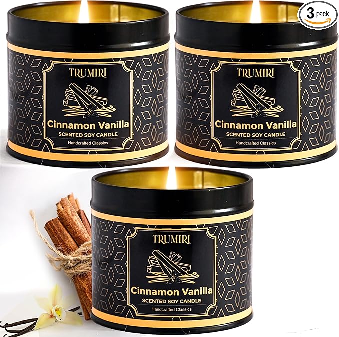Vanilla Candle with Cinnamon Strong Scented Soy Candel Clean Non Toxic Velas Aromáticas for Women Gift for Fall Christmas Holidays Pack of 3 5Oz Decorative Tin Jars with Lids