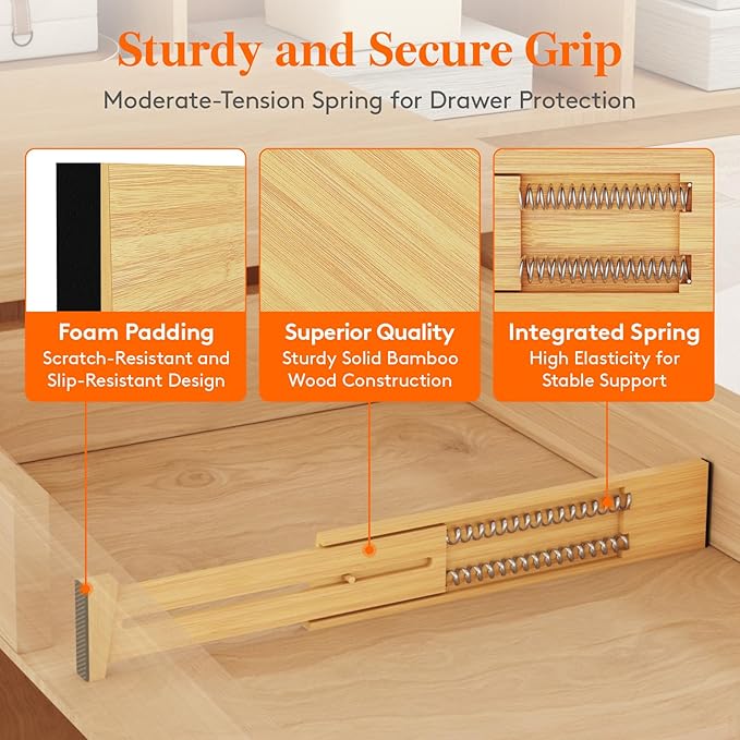 Lifewit 4 Pack Bamboo Drawer Dividers 2.4" High, 13-16.5" Kitchen Drawer Organizers, Adjustable Wooden Drawer Dividers for Clothes, Expandable Drawer Separators for Dresser, Bedroom, Bathroom, Cabinet