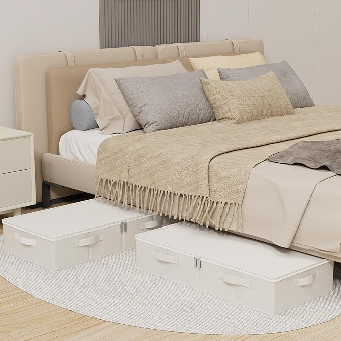 ENUMAIL Underbed Storage Bins Compartment, Foldable Under Bed Boxes Organizer, Cube Container with Lid for Organizing Clothes, Sheets, Blankets, Comforter, 31.4x15.7x5.9in, Beige, 2 Pack