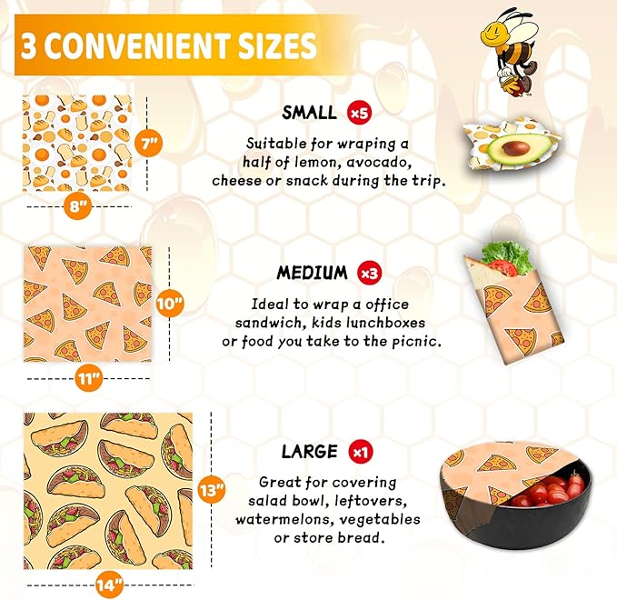 Beeswax Wrap, Beeswax Wraps For Food, Organic, Sustainable, Beeswax Food Wrap for Sandwich Storage, Reusable Beeswax Food Wrap 1L, 5M, 3S Food Patterns Beeswax Paper, 9 Pack Set