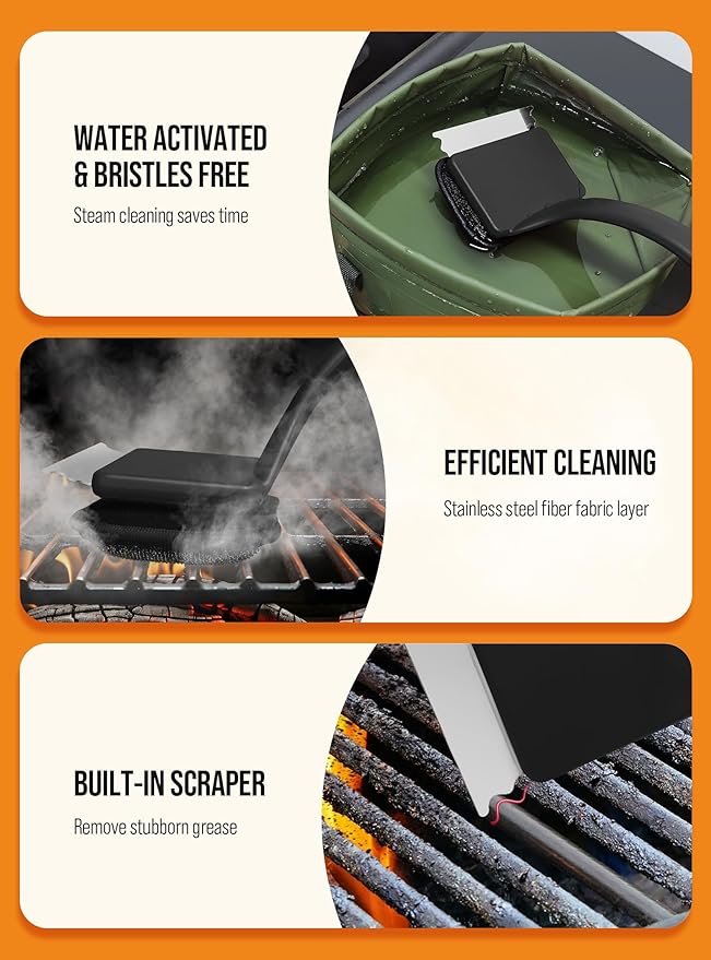 Grill Brush Bristle Free, Grill Cleaner Brush with 5 Replacement Heads, Ultra Safe Grill Brush for Outdoor Grill, Cast Iron, Stainless Steel Grates, Grill Scraper Outdoor BBQ Grill, Black