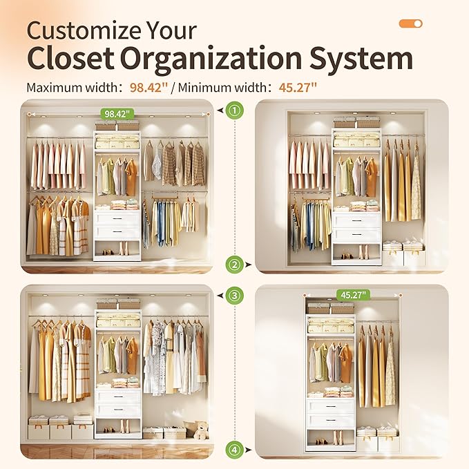 79” Closet System with 2 Drawers, 4-8 Ft Metal Closet Organizer With 4 Expandable Hanging Rods, Walk-in Closet Organizer Wardrobe Garment Clothes Rack