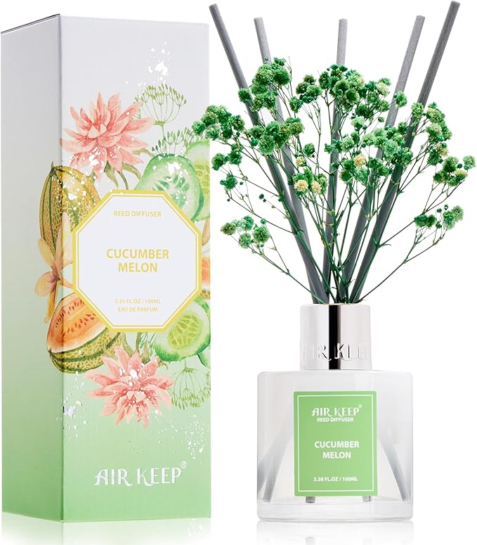 Airkeep Reed Diffuser Set,3.38 fl oz (100 ml) - Cucumber Melon Oil Diffusers with 8 Reed Sticks, Home Fragrance Reed Diffuser for Bathroom Shelf Decor