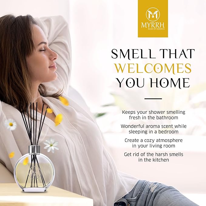Arabian Jasmine Scented Reed Diffuser Set with 8 Rattan Diffuser Sticks, 150 ml, All Natural Air Freshener, Long-Lasting Diffusers at Home - MyrrhUSA
