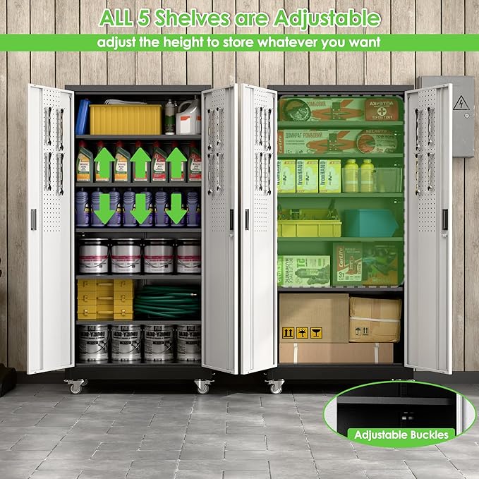 71" H×34" W×18" D Garage Storage Cabinet with Wheels, Lockable Metal Storage Cabinet with 5 Adjustable Shelves for Garage Warehouse Office Utility Room,Required Assembly,Black and Silver