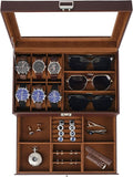 Jenseits Watch Organizer & Jewelry Box for Men – 6 Watch Slots, 3 Sunglass Slots, Drawer for Rings, Bracelets & Cufflinks, 2-Layer Leather Watch Display Case w/Glass Lid, Gift for Men & Women, Brown