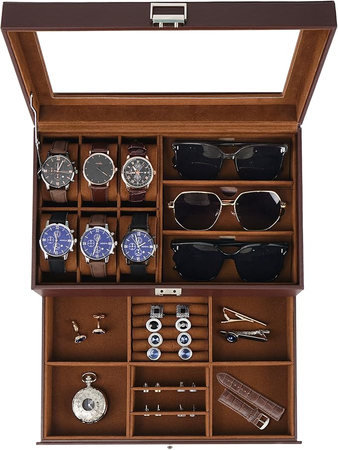 Jenseits Watch Organizer & Jewelry Box for Men – 6 Watch Slots, 3 Sunglass Slots, Drawer for Rings, Bracelets & Cufflinks, 2-Layer Leather Watch Display Case w/Glass Lid, Gift for Men & Women, Brown