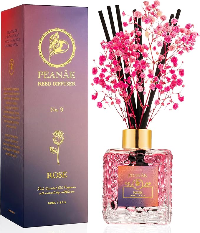 PEANÄK Reed Diffuser Set - Rose Honey Fragrance 6.7oz (200 ml) - Real Preserved Flowers & 8 Reed Sticks for Bathroom Shelf Decor Home Diffuser & Office Scent with Long Lasting Gift Scent