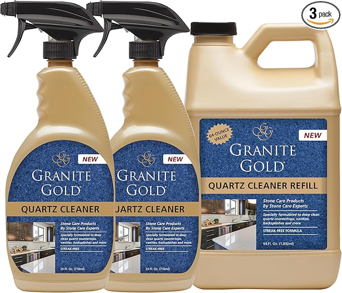 Granite Gold Quartz Cleaner Spray for Caesarstone, Cambria, Silestone and All Other Quartz Countertop Surfaces, 64 Fluid Ounces and 2 x 24 Fluid Ounces