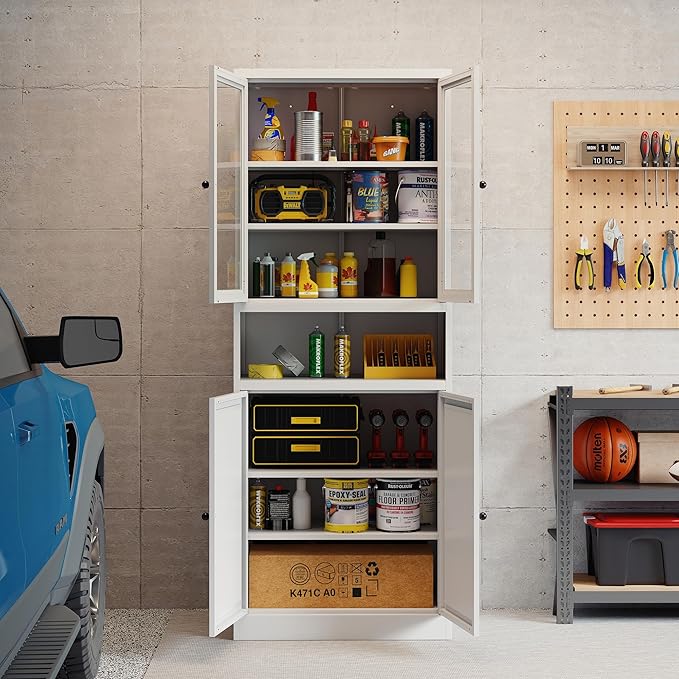 Kitchen Pantry Cabinet, 72" H Storage Cabinet with Glass Doors and Adjustable Shelves, Metal Bathroom Cabinets, Utility Cabinets for or Kitchen, Living Room, Assembly Required, White
