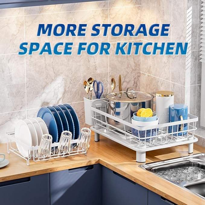 GAOKASE 2 Tiers Dish Drying Rack, Space-Saving Dish Racks for Kitchen Counter, Dish Drainer Drying Rack with Drainboard, Utensil Holder Cups Holder and Adjustable Swivel Spout, White