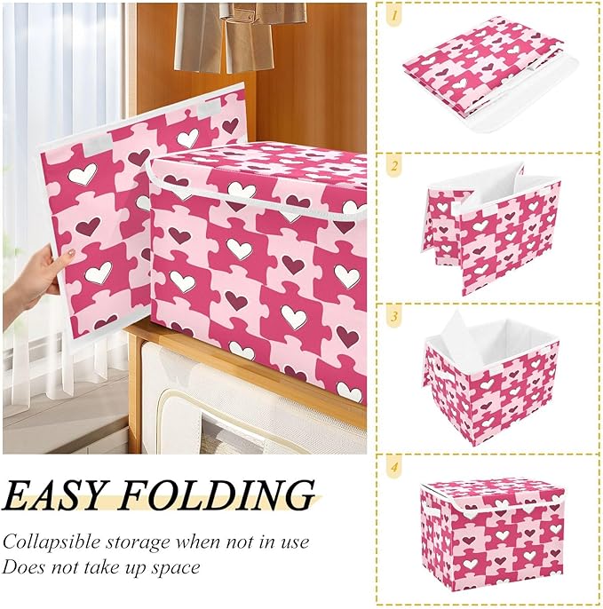 Bolaz Heart Shaped Love Puzzle Storage Bins with Lids and Handles, Foldable Storage Box Storage Basket with Cover Collapsible Organizer Containers for Home Closet, Shelves