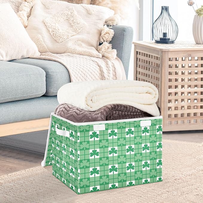 St. Patrick's Day Baskets Collapsible Storage Bins with Lids, St. Patrick's Day Green Shamrocks with Plaid Storage Boxes Clothes Baskets for Organizing