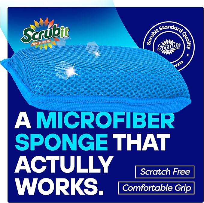 SCRUBIT Reusable Sponges for Dishes - 12 Pack Microfiber Sponges Kitchen Dish Scrubber, Machine Washable & Non-Scratch Scrubbers (Blue)