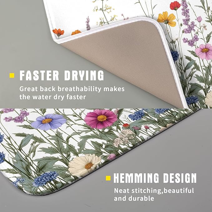 Giwawa Flower Herbs Dish Drying Mat Botanical Plant Dishes Drainer Mat 16x18 inch Reversible Microfiber Drying Dish Pad for Kitchen Counter Decor