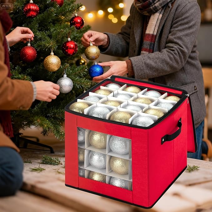 JY COOKMENT Christmas Ornament Storage Box with Adjustable Dividers, Premium Holiday Ornaments Storage Container Bin with Zippered Top for Xmas Decorations (64-3" Balls, Red, Without Tray)