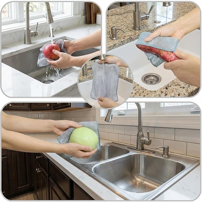 Non Scratch Wire Dishcloth, 12 Pack 7.8x7.8 Inch Wire Dishwashing Rag - Washable & Quick-Drying Cleaning Pads Steel Scrubber for Cookware, Sinks, Dishes, Stove Tops, Multi-Surface Safe