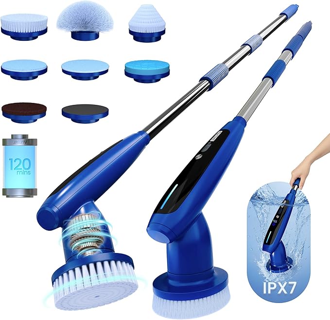 iKLYN 2026 Upgraded Electric Spin Scrubber: 120 Min Runtime, IPX7 Waterproof Cordless Power Scrubber, Adjustable Extension Handle, 8 Heads, 2 Speeds for Shower, Tub, Tile & Floor