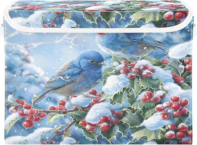 senya Winter Baskets Collapsible Storage Bins with Lids, Blue Bird Evergreen Branch Storage Boxes Clothes Baskets for Organizing